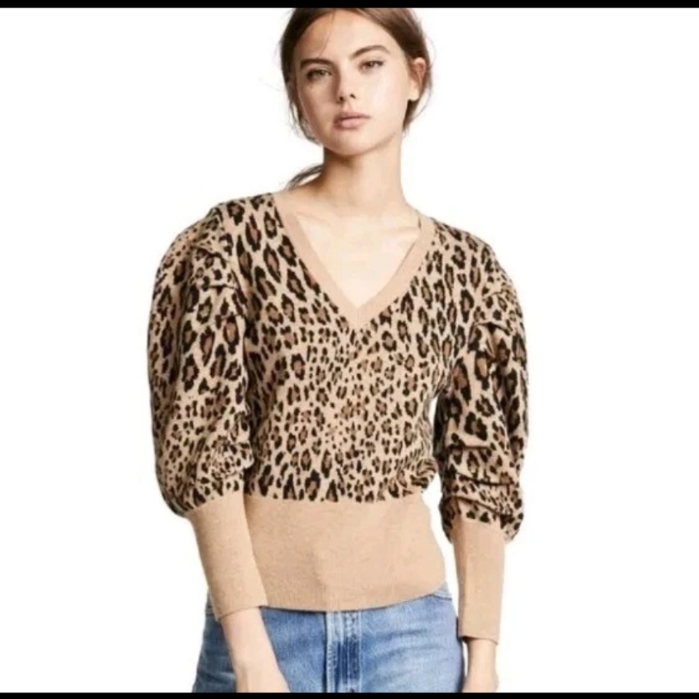 Frame Leopard Wool Blend V-neck Sweater Size L